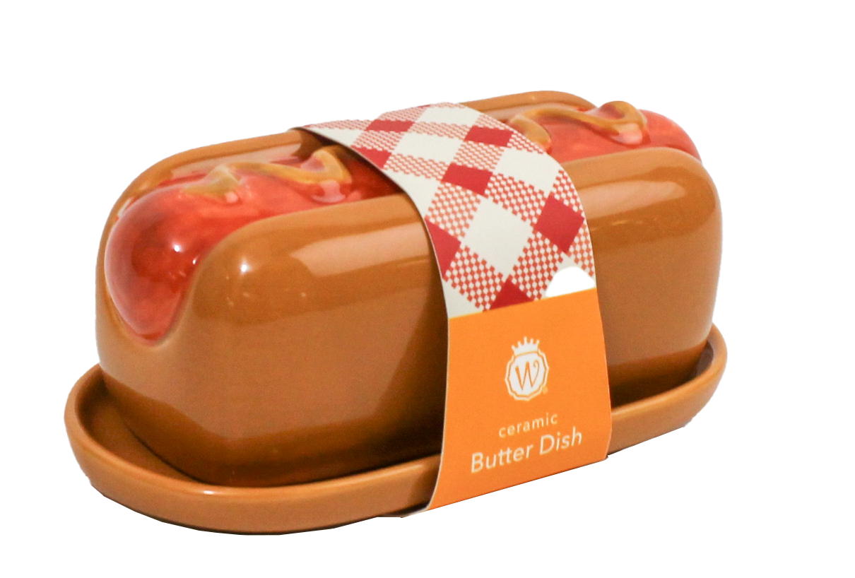 FIGURAL HOT DOG CERAMIC BUTTER DISH