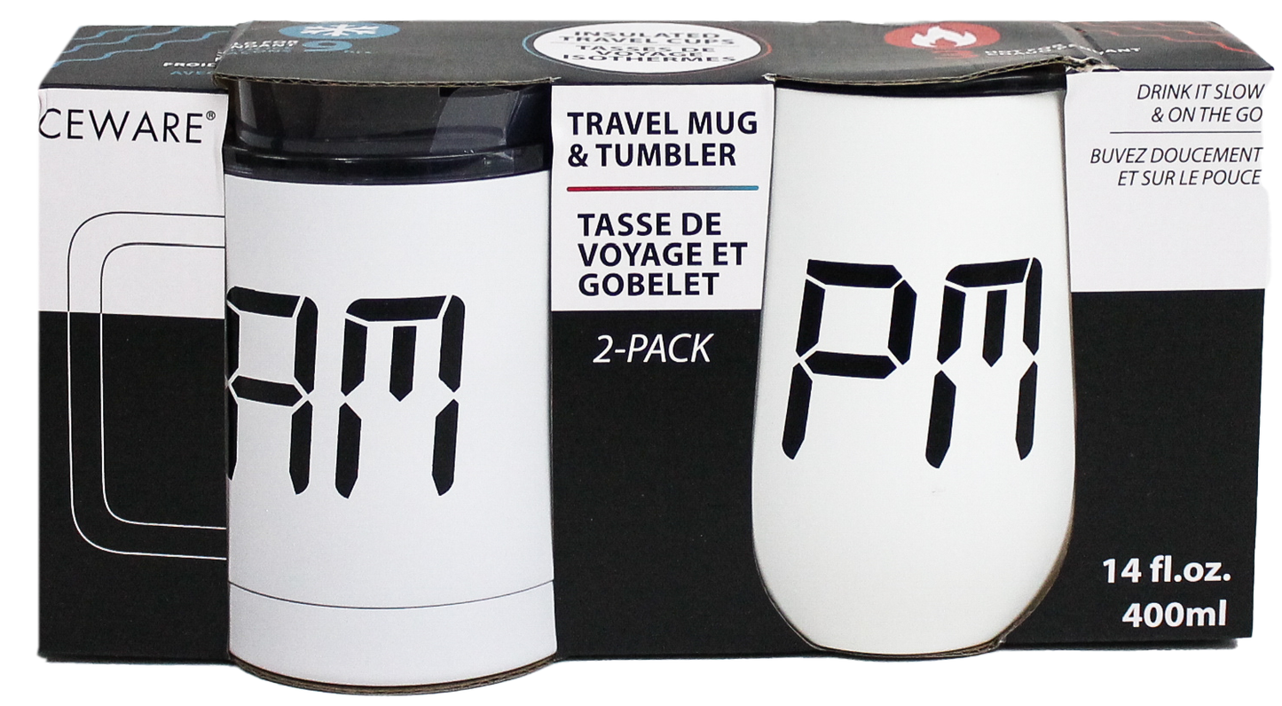 "AM PM" DOUBLE WALL MUG AND STEMLESS SET