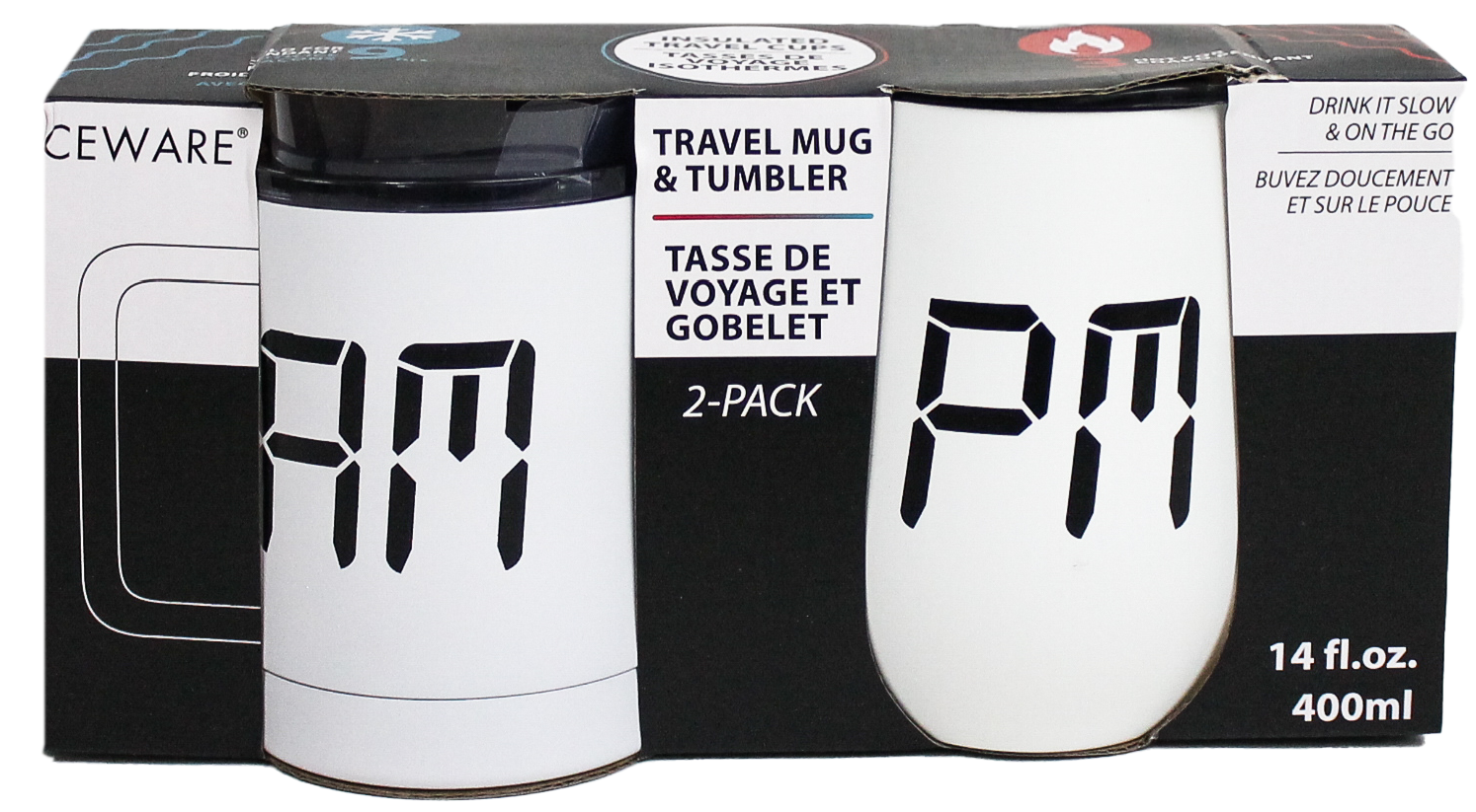 "AM PM" DOUBLE WALL MUG AND STEMLESS SET
