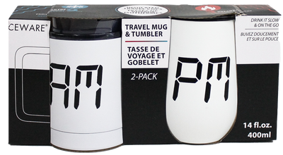 "AM PM" DOUBLE WALL MUG AND STEMLESS SET