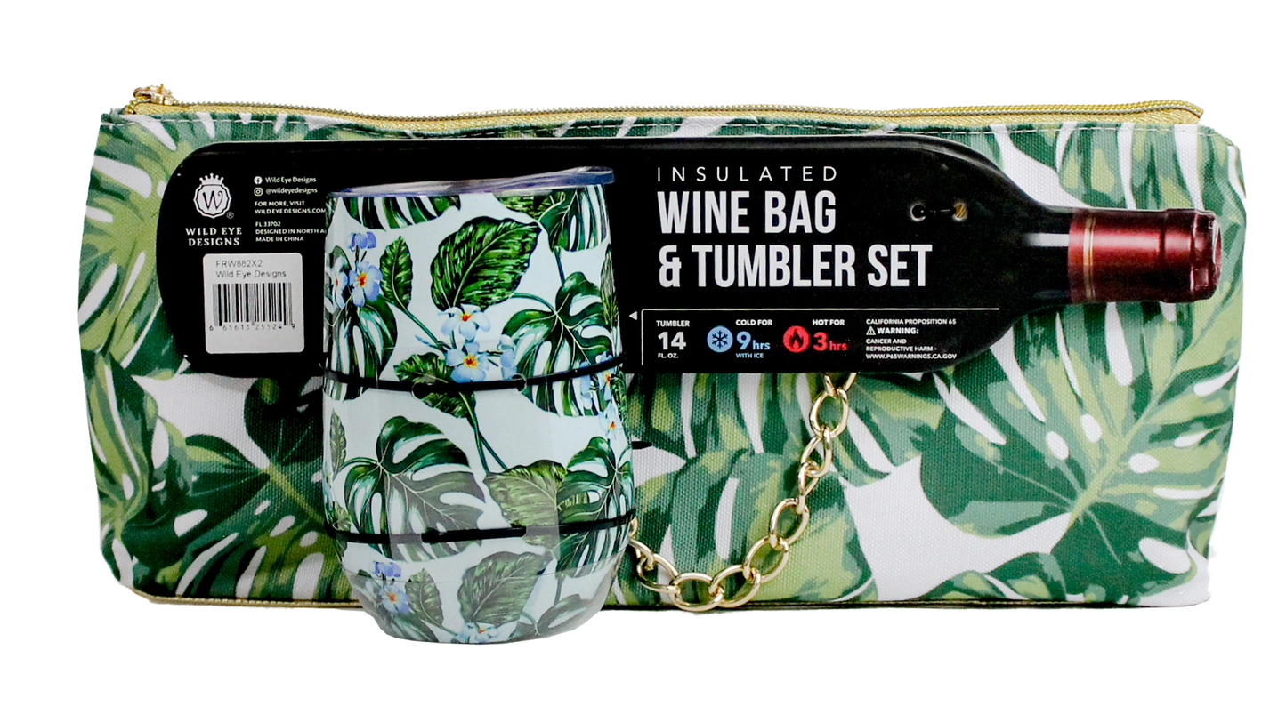 TROPICAL LEAVES INSULATED WINE BAG AND TUMBLER SET - Wild Eye Designs