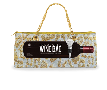 WHITE & GOLD LEOPARD INSULATED WINE BAG & DIAMOND STOPPER