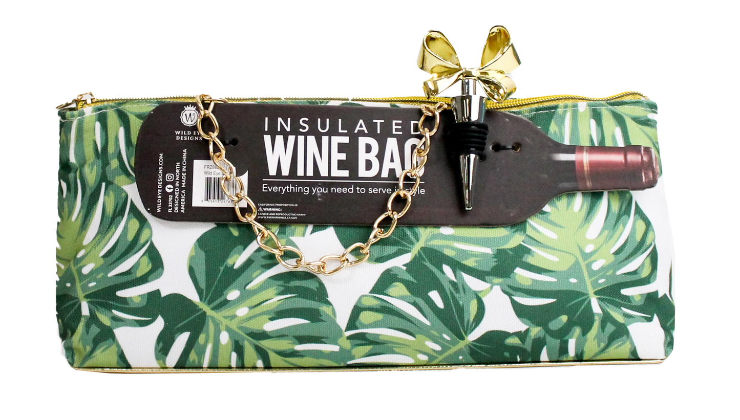 TROPICAL LEAVES INSULATED WINE BAG & BOW STOPPER - Wild Eye Designs