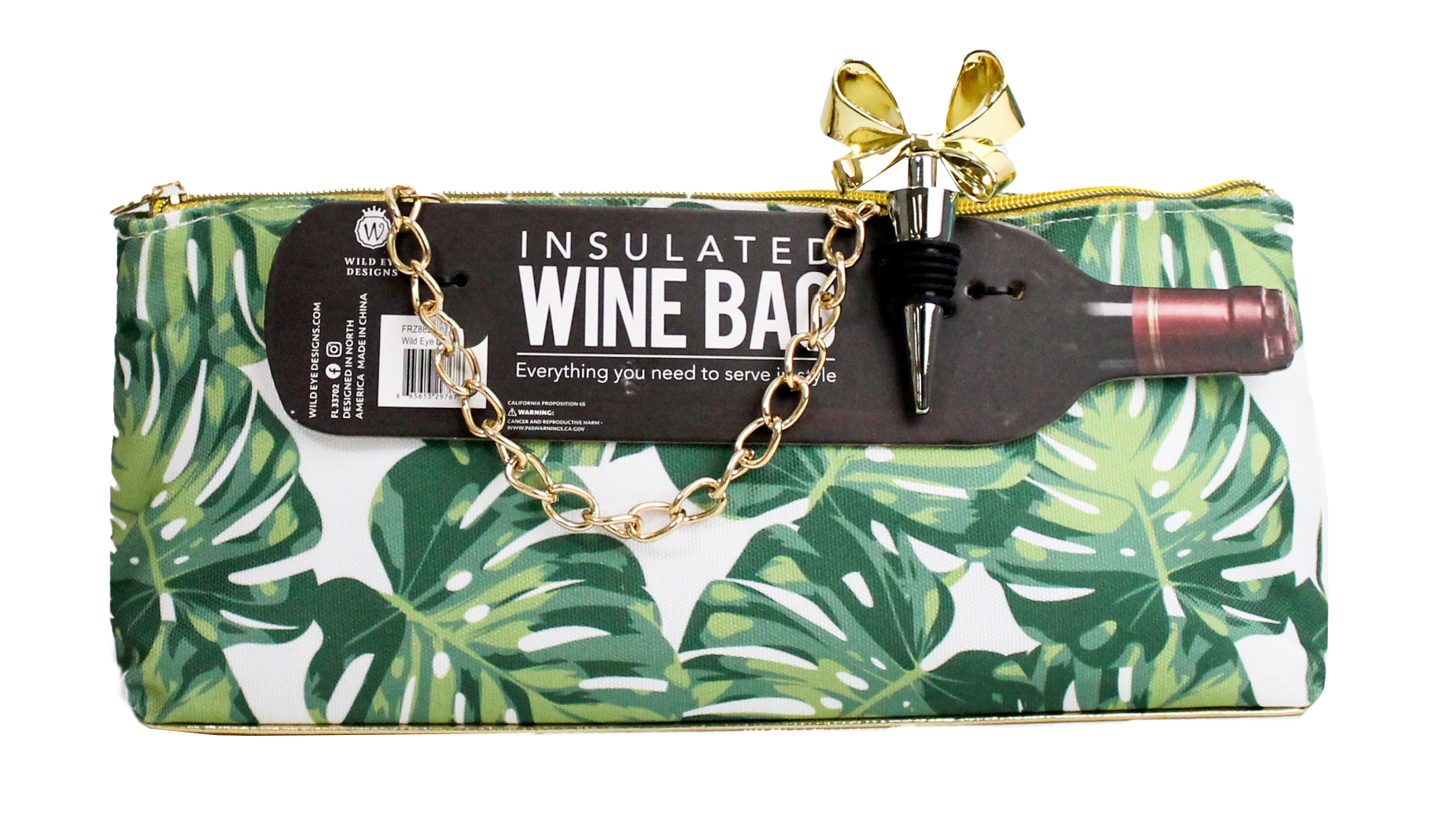 TROPICAL LEAVES INSULATED WINE BAG & BOW STOPPER - Wild Eye Designs