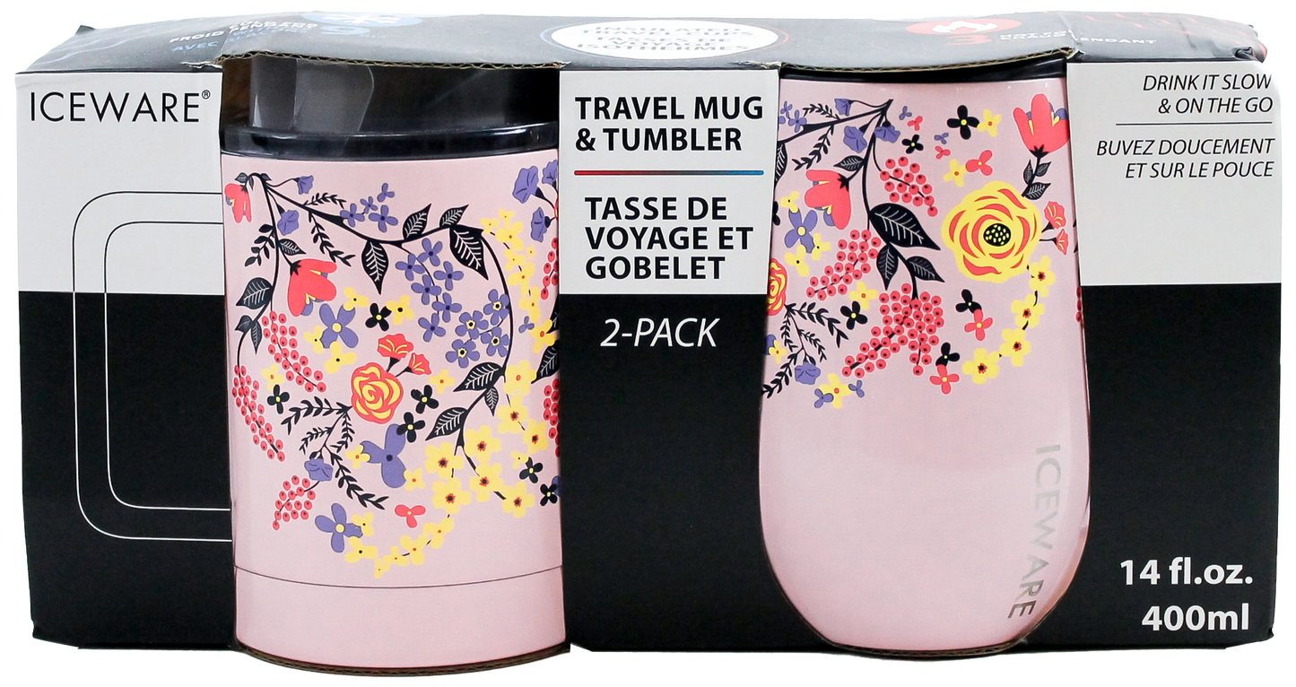 FLORAL DOUBLE WALL MUG AND STEMLESS SET