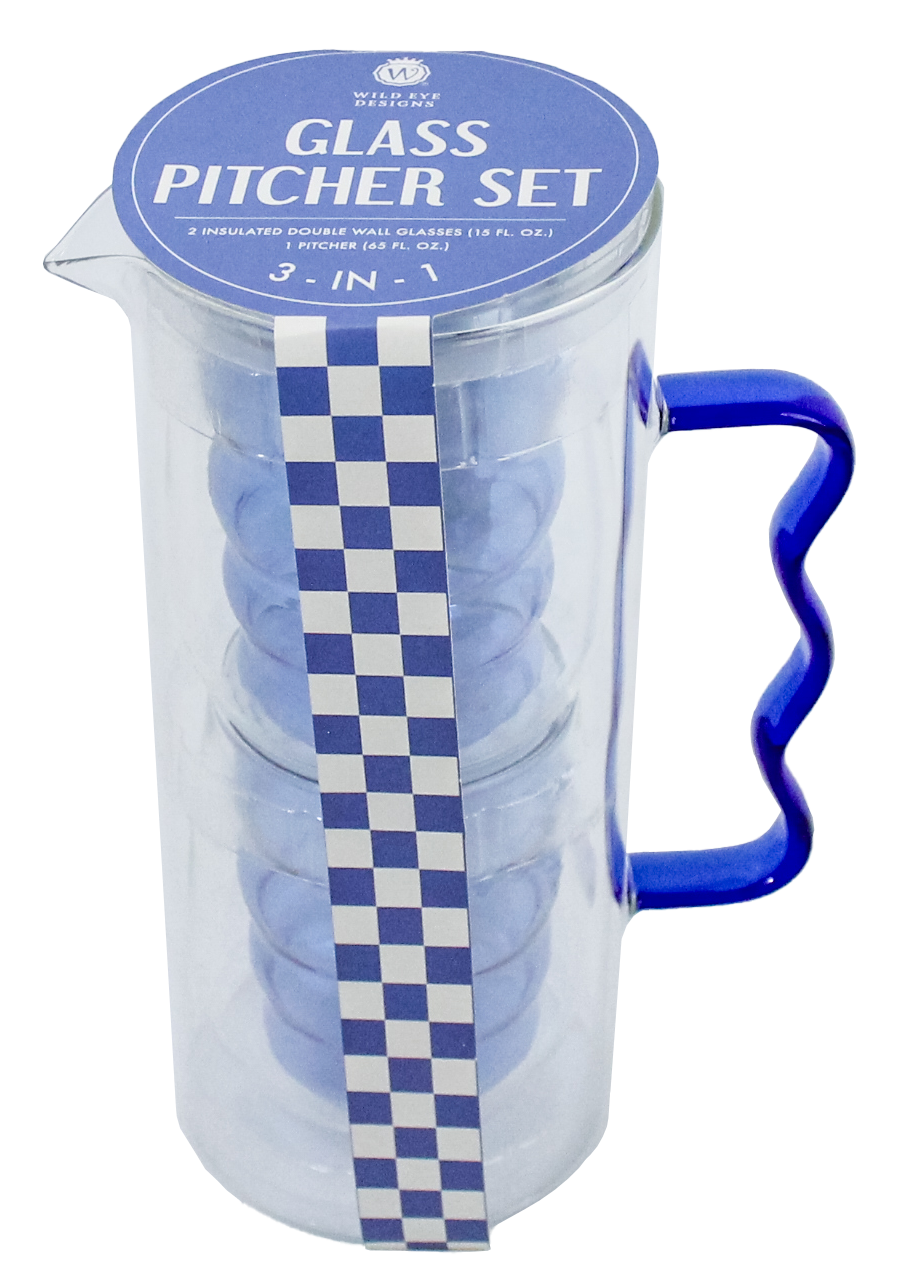 WAVY BLUE DOUBLE WALL GLASS PITCHER SET - Wild Eye Designs