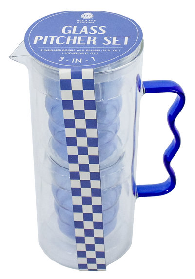 WAVY BLUE DOUBLE WALL GLASS PITCHER SET - Wild Eye Designs
