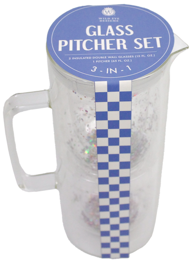 CLEAR WITH GLITTER DOUBLE WALL GLASS PITCHER SET - Wild Eye Designs