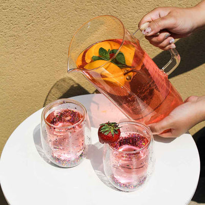 CLEAR WITH GLITTER DOUBLE WALL GLASS PITCHER SET