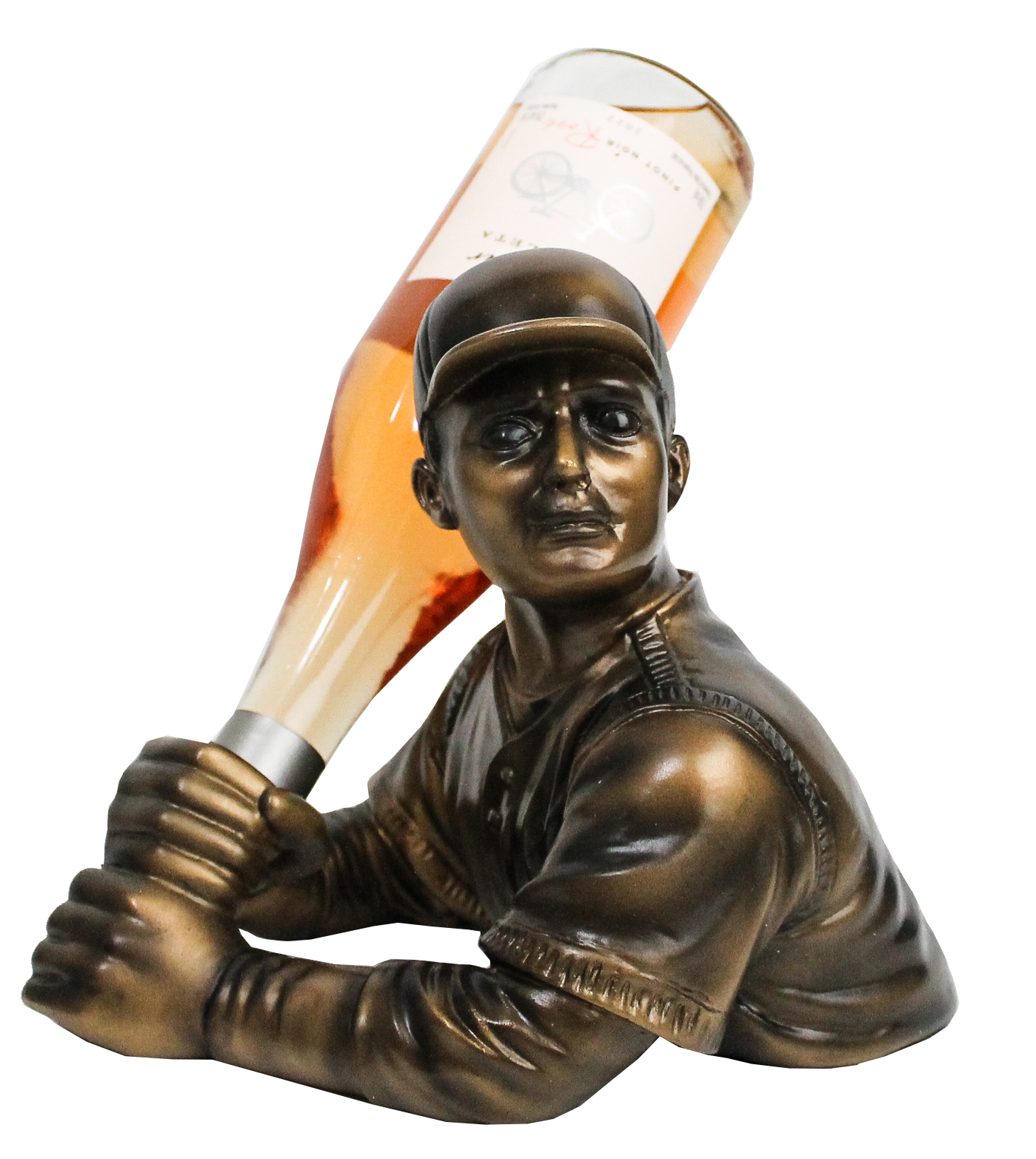 BRONZE BASEBALL PLAYER WINE BOTTLE HOLDER