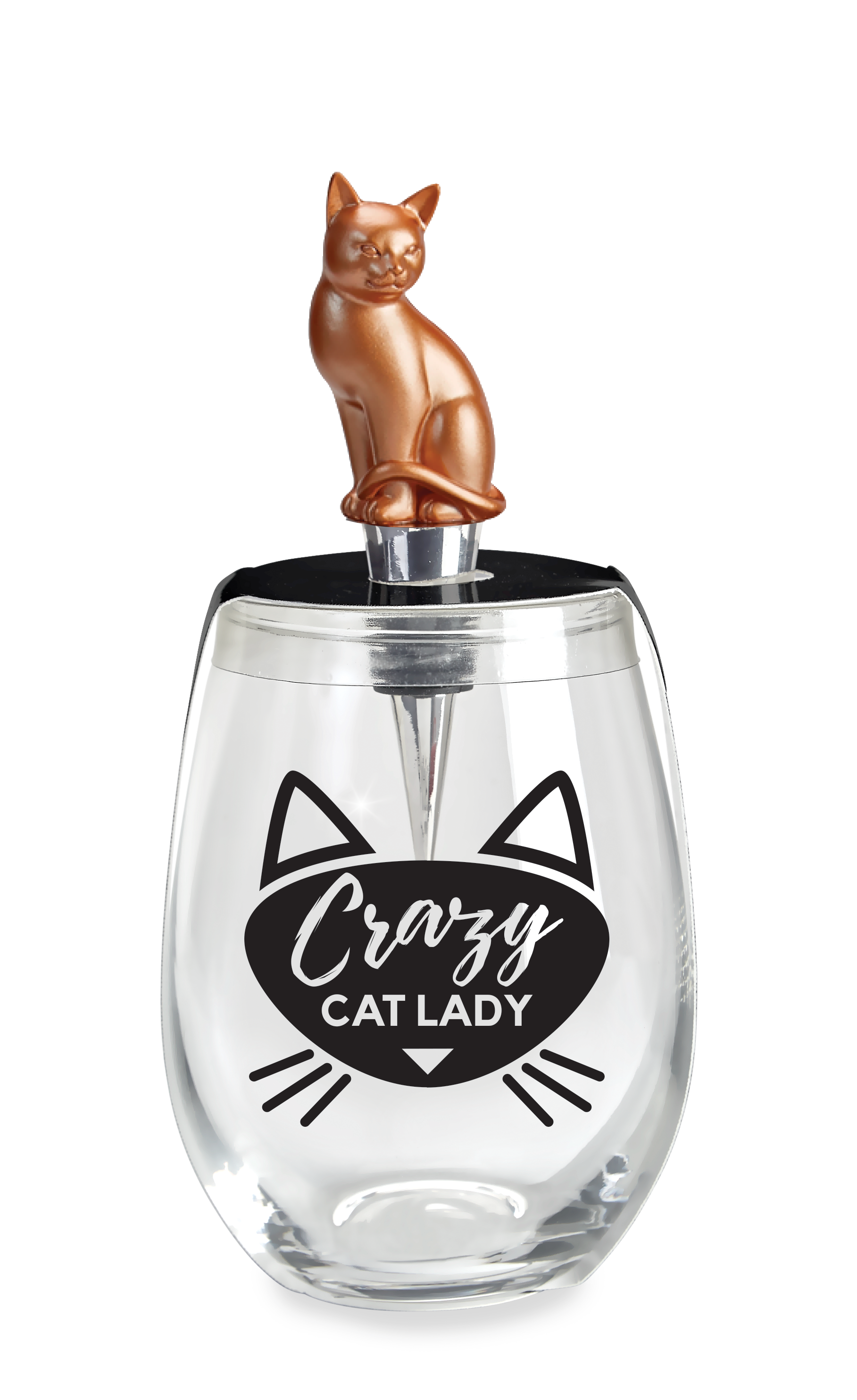 CRAZY CAT LADY STEMLESS WINE GLASS & STOPPER - Wild Eye Designs