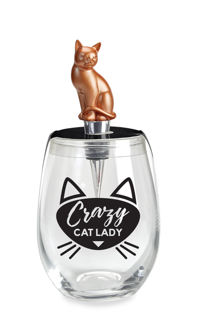 CRAZY CAT LADY STEMLESS WINE GLASS & STOPPER - Wild Eye Designs