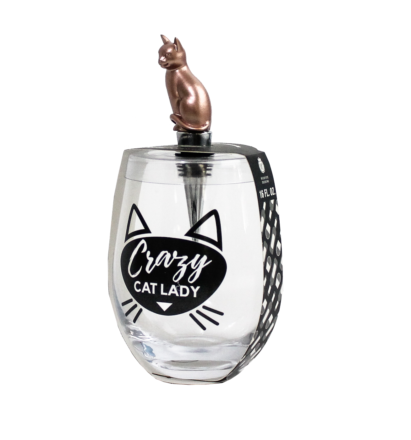 CRAZY CAT LADY STEMLESS WINE GLASS & STOPPER - Wild Eye Designs
