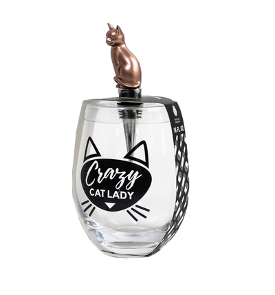 CRAZY CAT LADY STEMLESS WINE GLASS & STOPPER - Wild Eye Designs