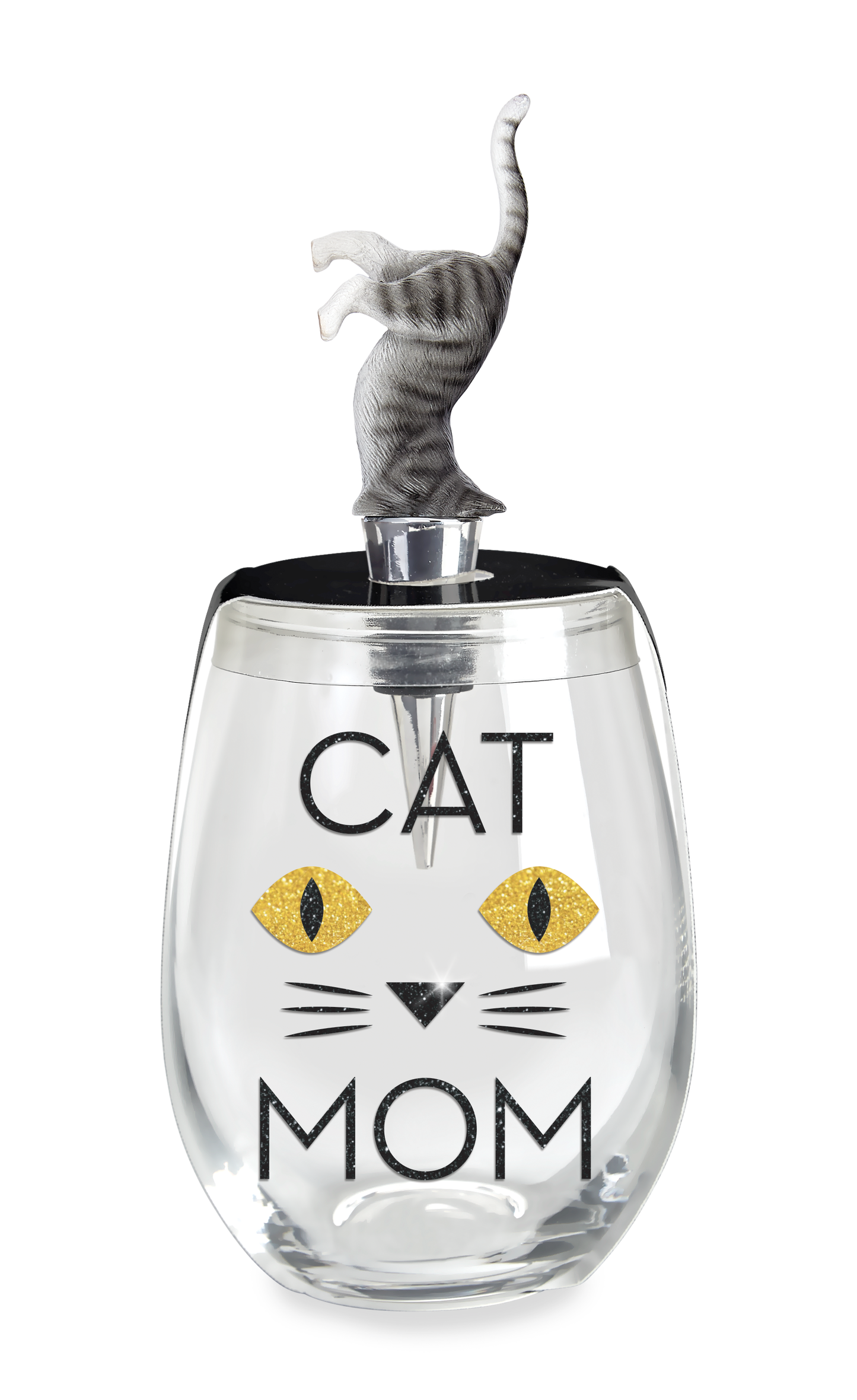 CAT MOM STEMLESS WINE GLASS & STOPPER - Wild Eye Designs