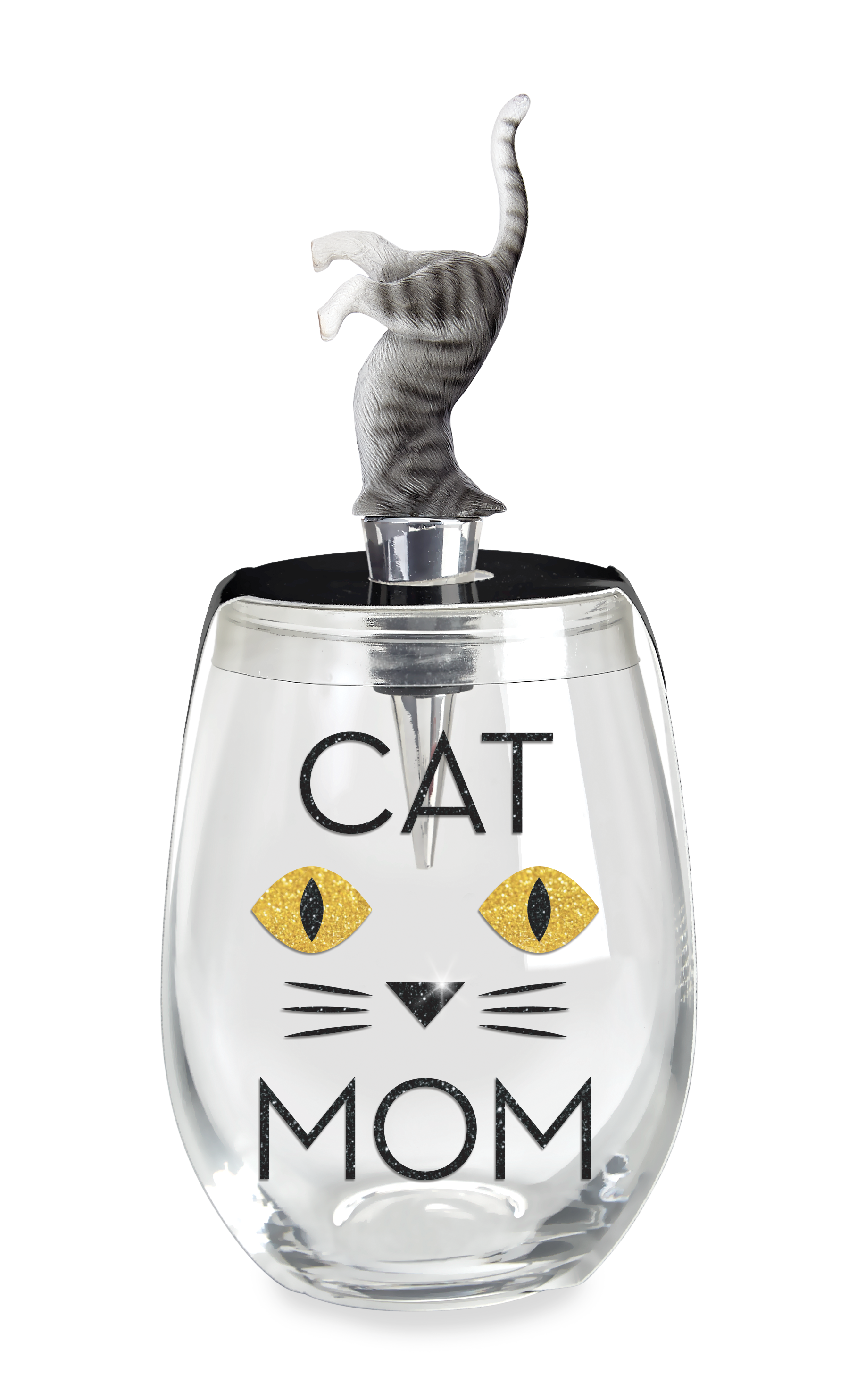 CAT MOM STEMLESS WINE GLASS & STOPPER - Wild Eye Designs