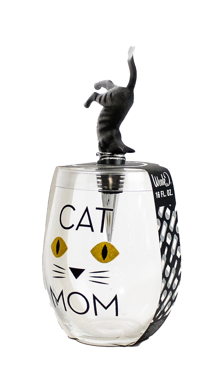 CAT MOM STEMLESS WINE GLASS & STOPPER - Wild Eye Designs