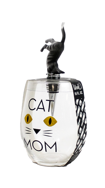 CAT MOM STEMLESS WINE GLASS & STOPPER - Wild Eye Designs