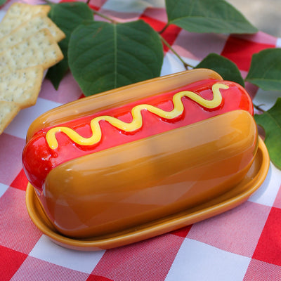 FIGURAL HOT DOG CERAMIC BUTTER DISH