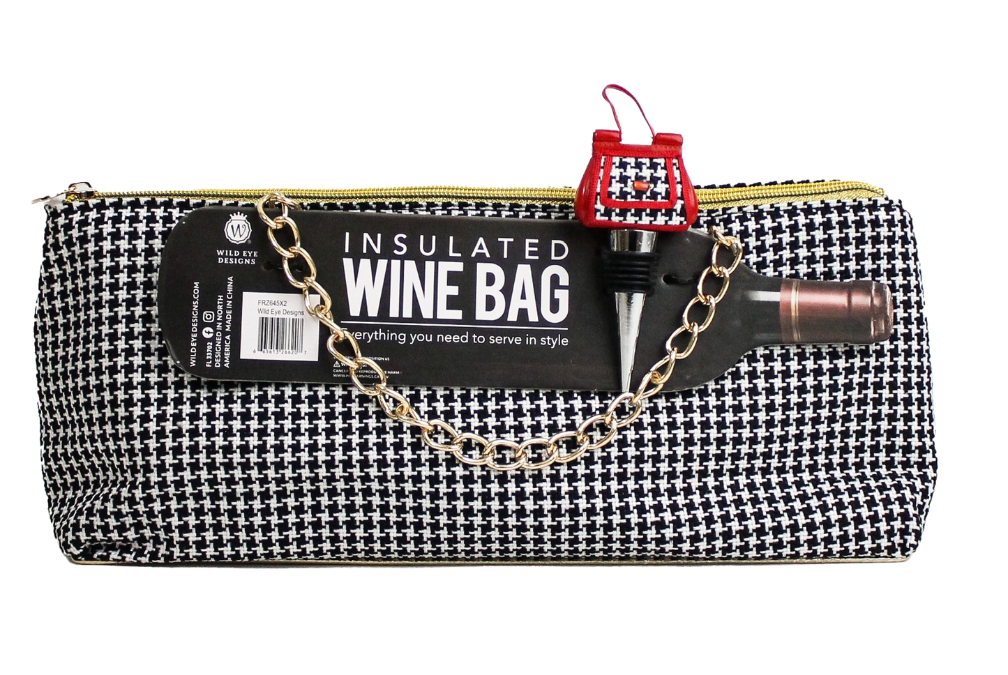WHITE & BLACK CHECK INSULATED WINE BAG & PURSE STOPPER - Wild Eye Designs
