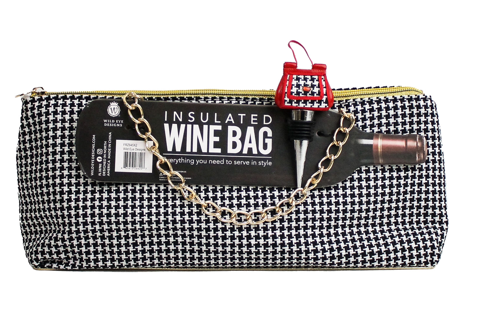 WHITE & BLACK CHECK INSULATED WINE BAG & PURSE STOPPER - Wild Eye Designs